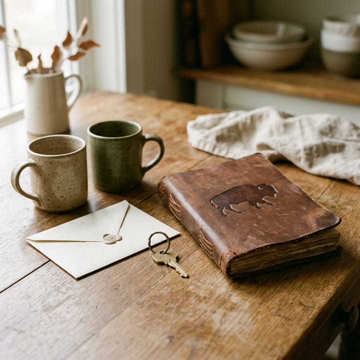 Generated picture: a sealed envelope, a single key, two mugs and the bison book on a wooden table
