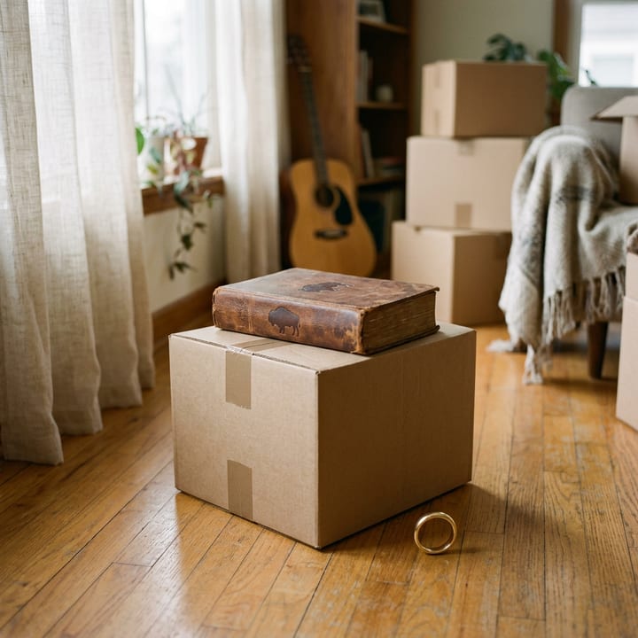 Generated picture: a cardboard moving box with the bison book on top and a gold ring on the floor beside it