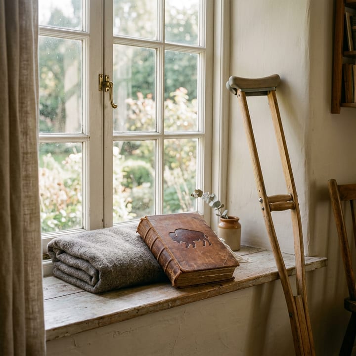 Generated picture: a folded blanket, the bison book and a wooden crutch beside a bright window